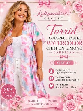 Torrid Colorful Pastel Watercolor Chiffon Kimono Cardigan 4X NWT